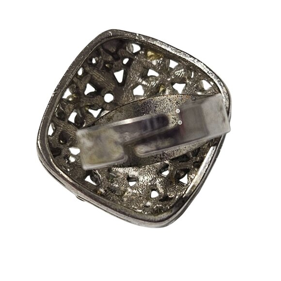 Vintage Rhinestone Square Cocktail Ring Adjustable Green Blue Stones Silver Tone - Picture 4 of 5